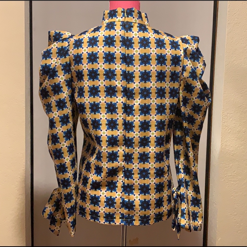 Ina Yellow and Blue High-Neck Puff Sleeve Blouse size M - Picture 7 of 15